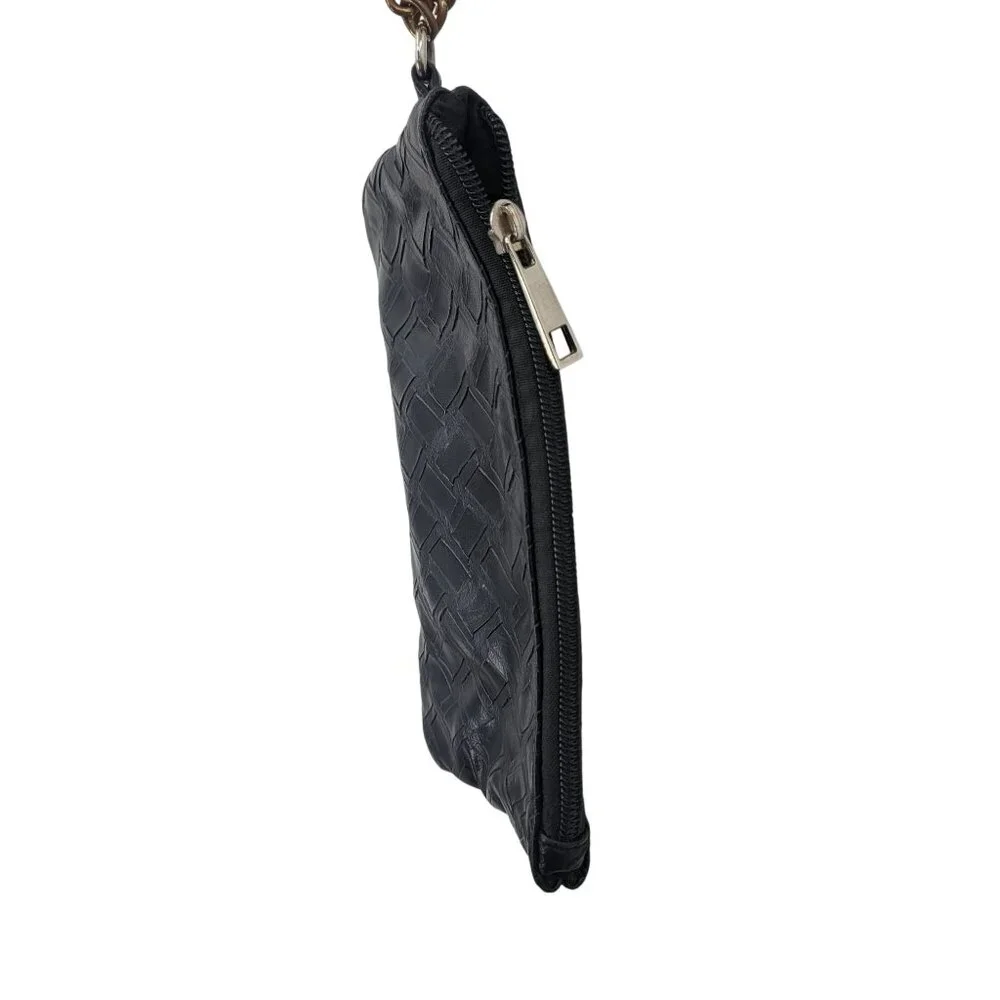 Vegan Black Tire Tread Embossed Faux Leather Wristlet Gold Chain Biker Steampunk